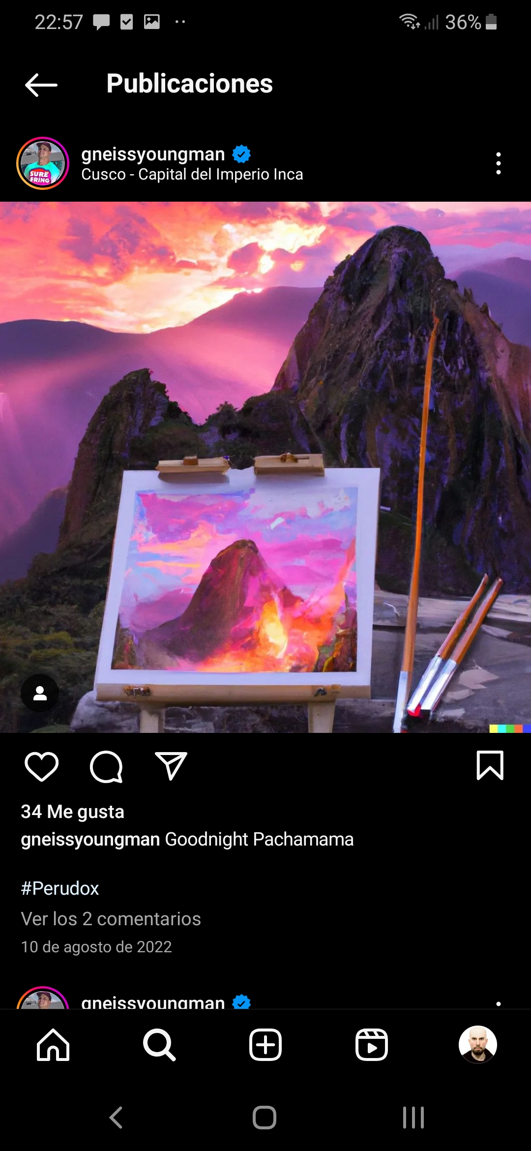 Captura de pantalla que muestra una publicación de Instagram de Nicholas Cueva en su cuenta @gneissyoungman, del 10 de agosto de 2022