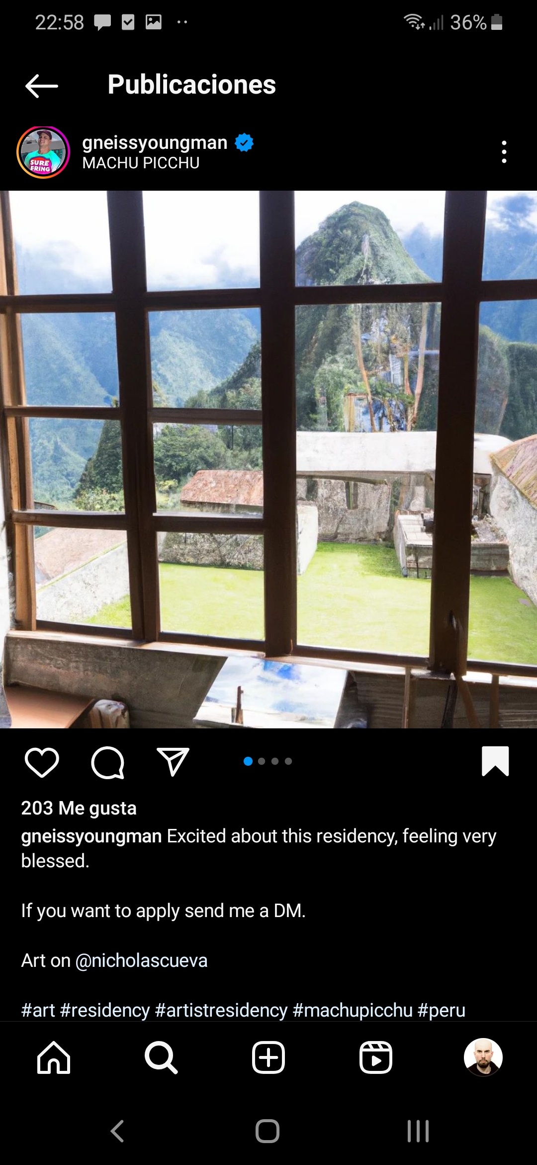 Captura de pantalla. Muestra una publicación de Instagram de Nicholas Cueva en su cuenta @gneissyoungman 